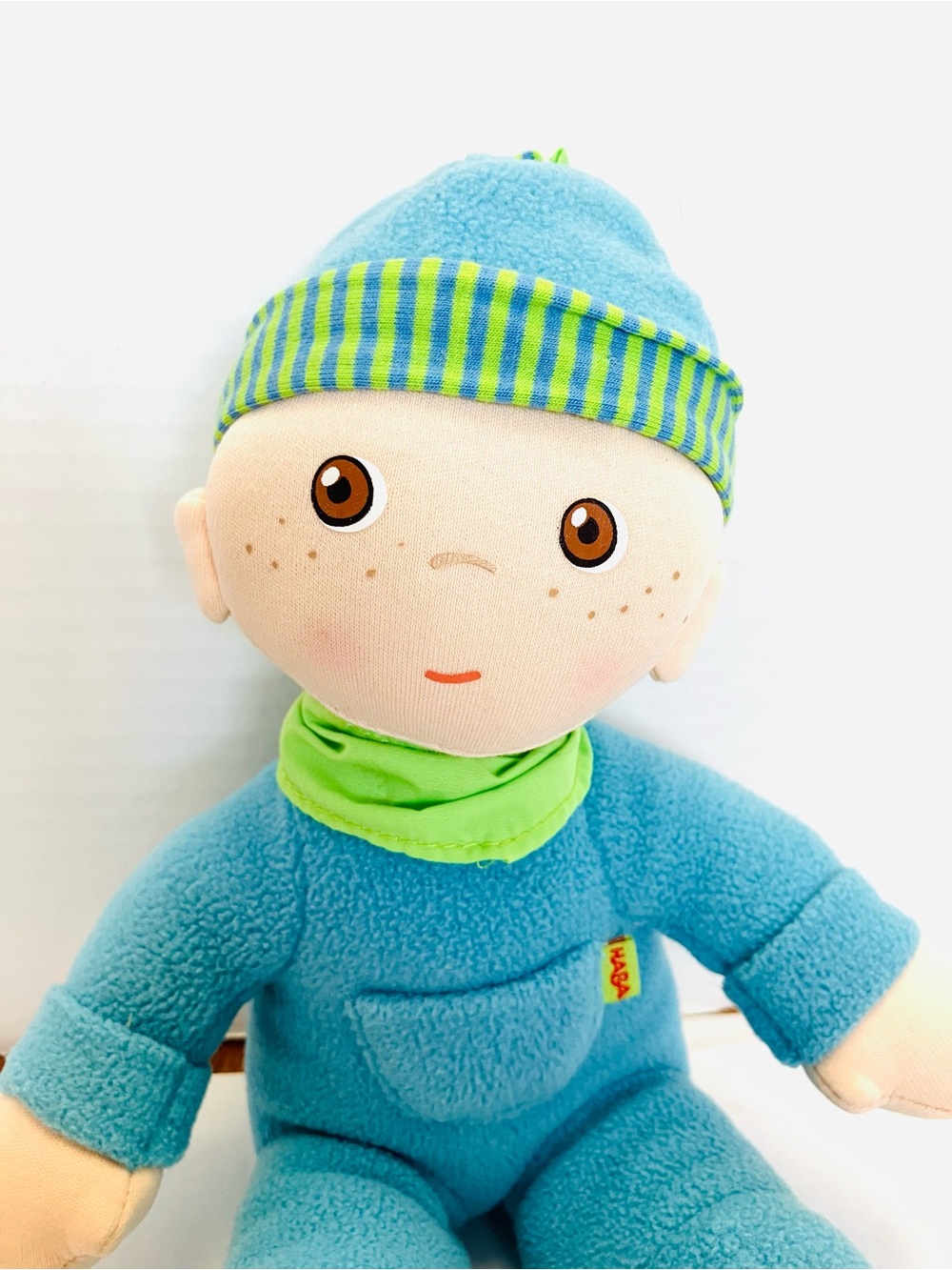 Haba Snug-Up Luis Plush 8in First Boy Baby Doll Freckles